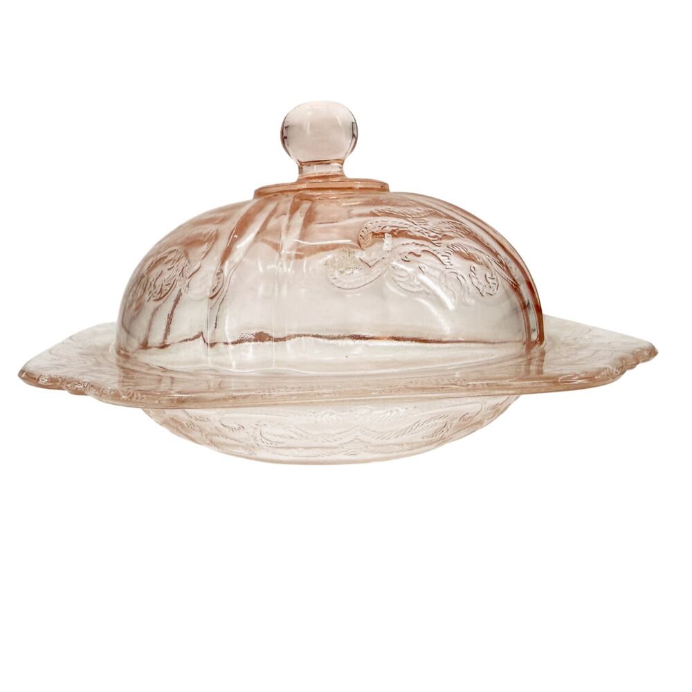 vintage Indiana Glass Recollection Pink Covered Butter round Dish & Lid